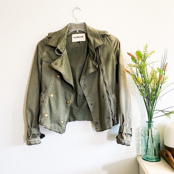 🦋 LF CARMAR Olive Green Moto Zip Up Jacket XS - Picture 1 of 7
